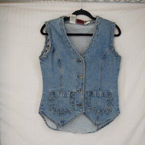 Vintage Seruchi Blue Jean  Button Up Vest with  Thick Jean Lace Accents Size L